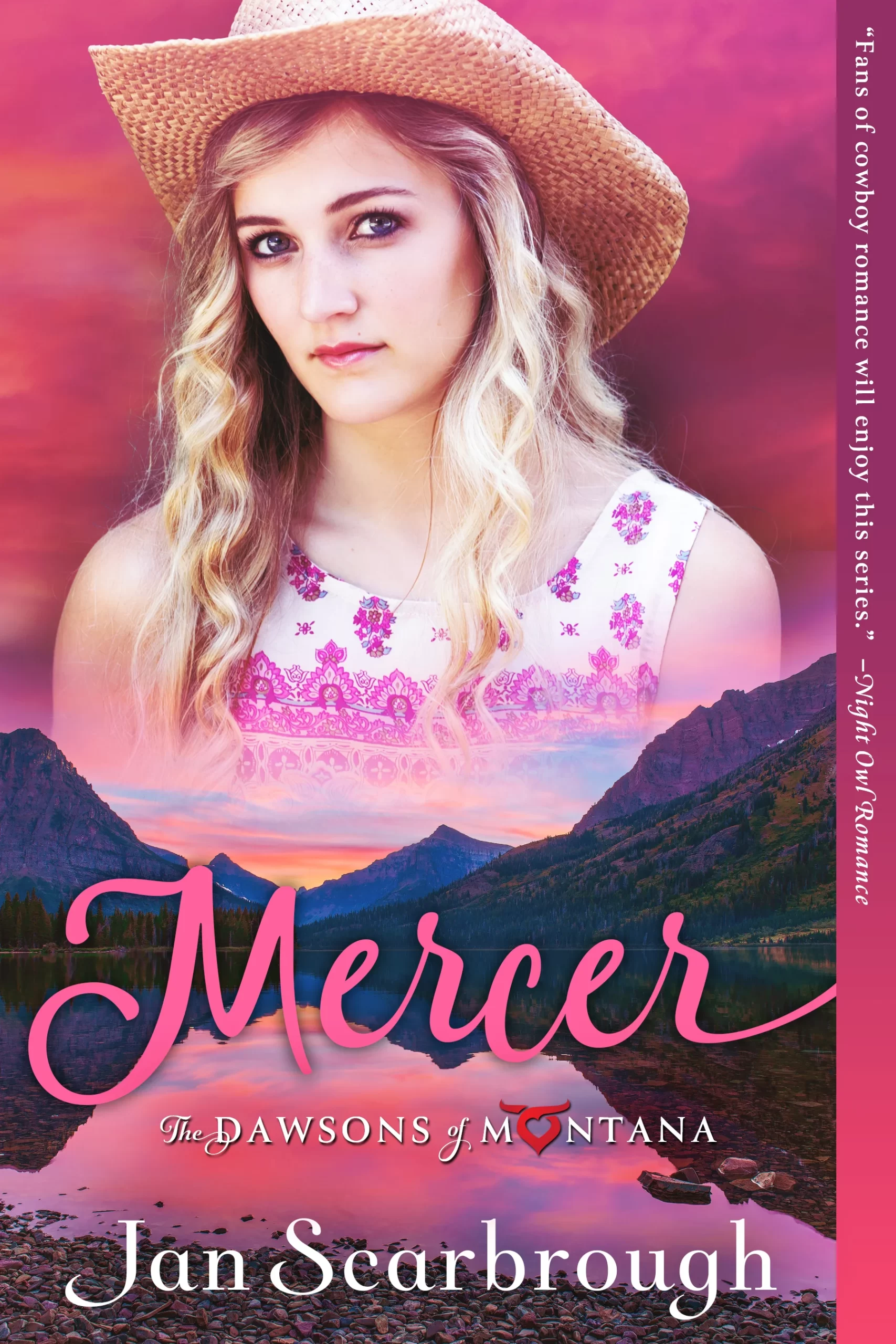 A book cover of "Mercer" by Jan Scarbrough with a blonde woman wearing a cowboy hat staring straight.